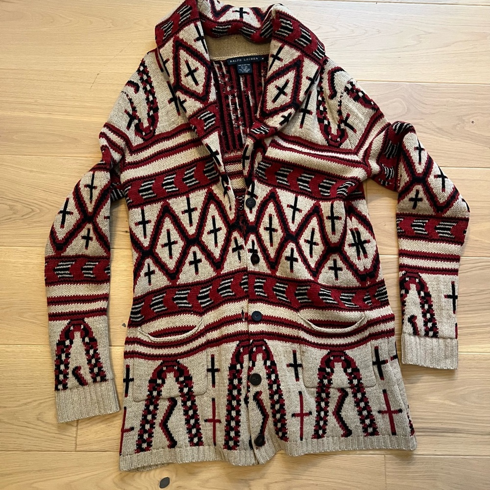 Ralph Lauren Blue Label Vintage Red Aztec Southwest Shawl Cardigan, Size M